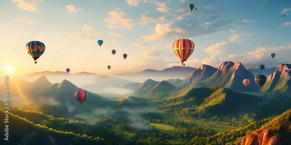 Colorful hot air balloons flying over the valley at sunrise. 3D rendering