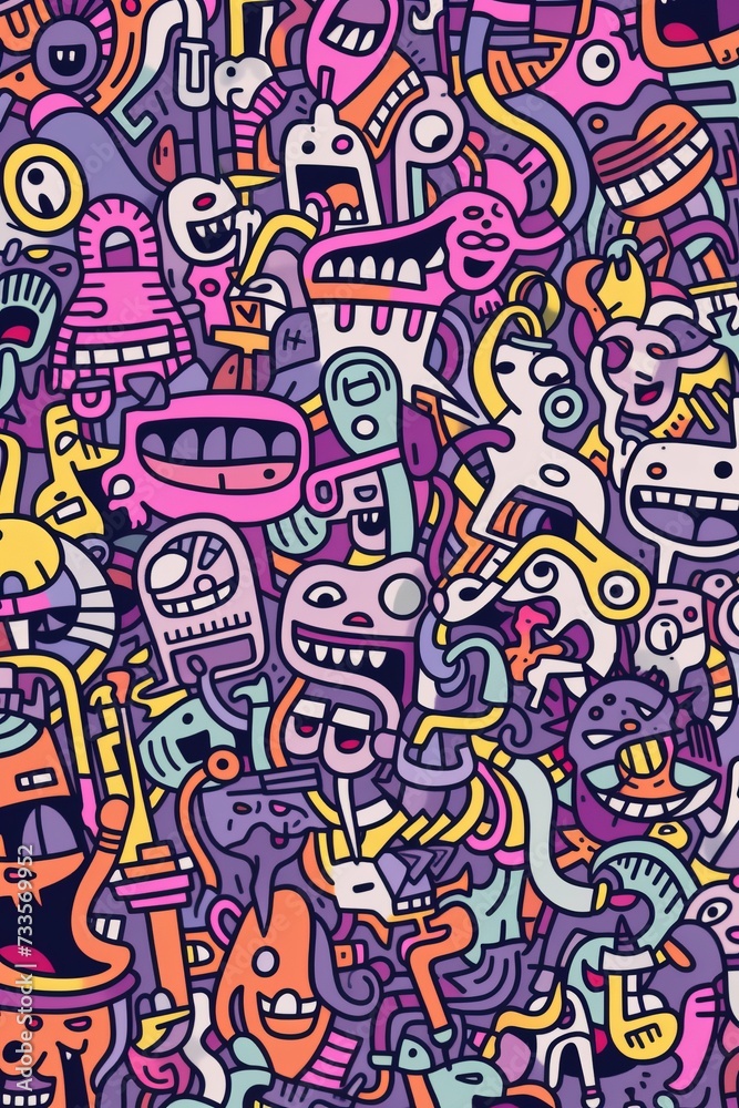 Illustration of colorful doodle crowd cute alien and monster Created with Generative AI technology. Illustration of colorful doodle crowd cute alien and monster Created with Generative AI technology.