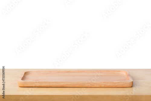 Empty sushi bamboo tray board on wood table white background. Bamboo products that have been processed into trays for use in the kitchen. Top view of plank wood for graphic stand design product.