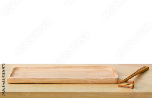 Empty sushi bamboo tray board on wood table white background. Bamboo products that have been processed into trays for use in the kitchen. Top view of plank wood for graphic stand design product.