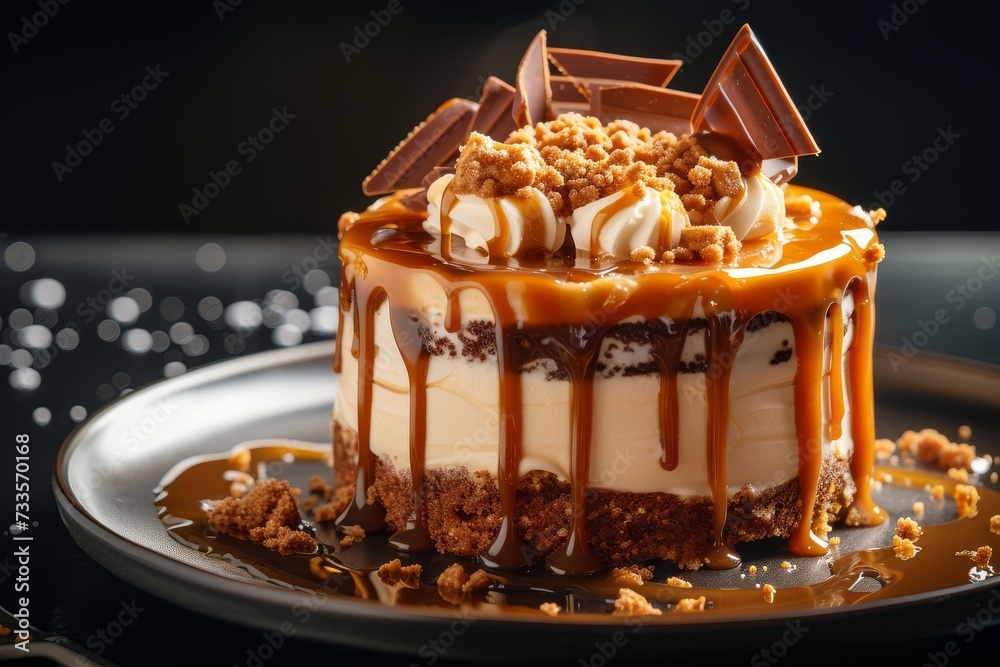 An indulgent caramel cheesecake adorned with chocolate pieces and a crunchy crumble, drizzled with golden caramel.