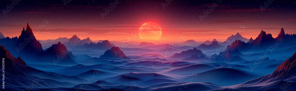 Crimson Dusk Over Alien Terrain: Surreal landscape at sunset, showcasing vibrant red hues over a series of sharp, jagged mountain peaks and smooth valleys