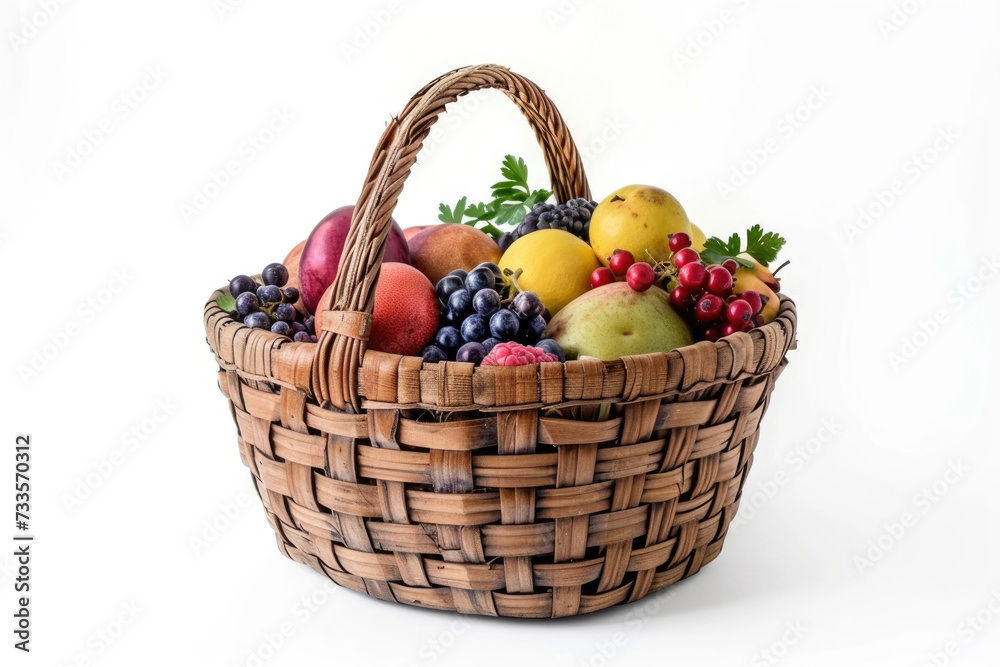 A wooden woven basket with fruits and berries, isolated on white