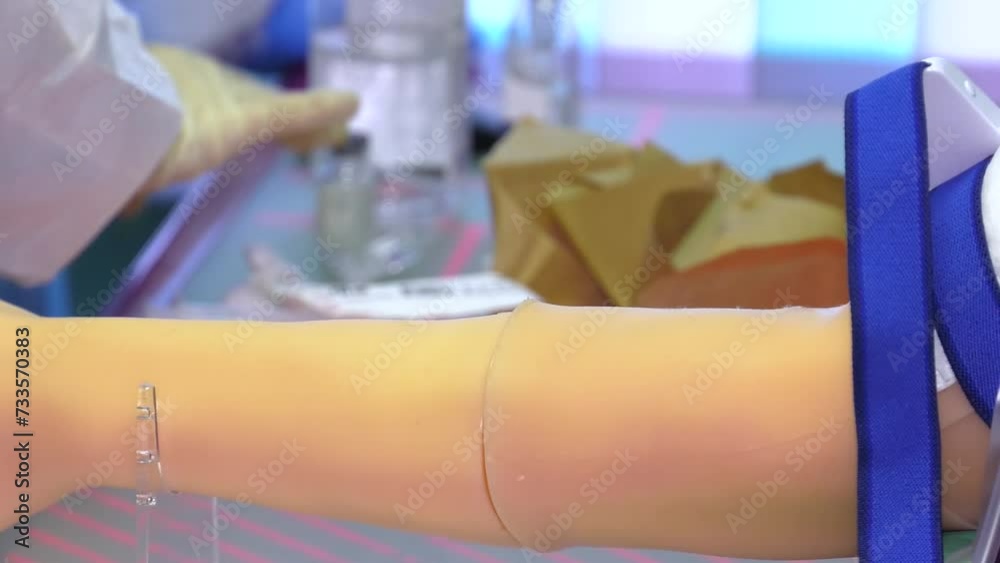 Woman makes an injection in the arm of a mannequin. Hand of a medical ...
