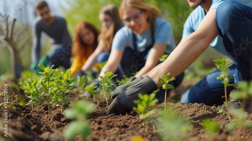 Youth volunteers in the outdoors backing the environment by planting trees and space, Generative AI.
