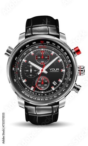 Realistic watch clock chronograph silver black face dashboard leather strap white red number on isolated design classic luxury vector