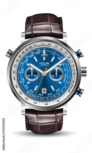 Realistic watch clock chronograph silver blue face dashboard brown leather strap white black number yellow arrow on isolated design classic luxury vector