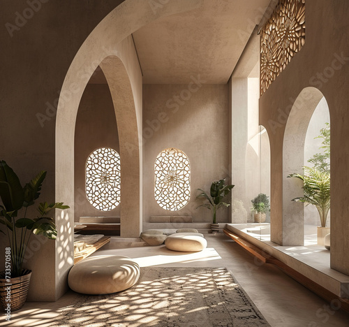Mashrabiya interior. Room with delicate Arab shades, ottomans and potted plants. photo
