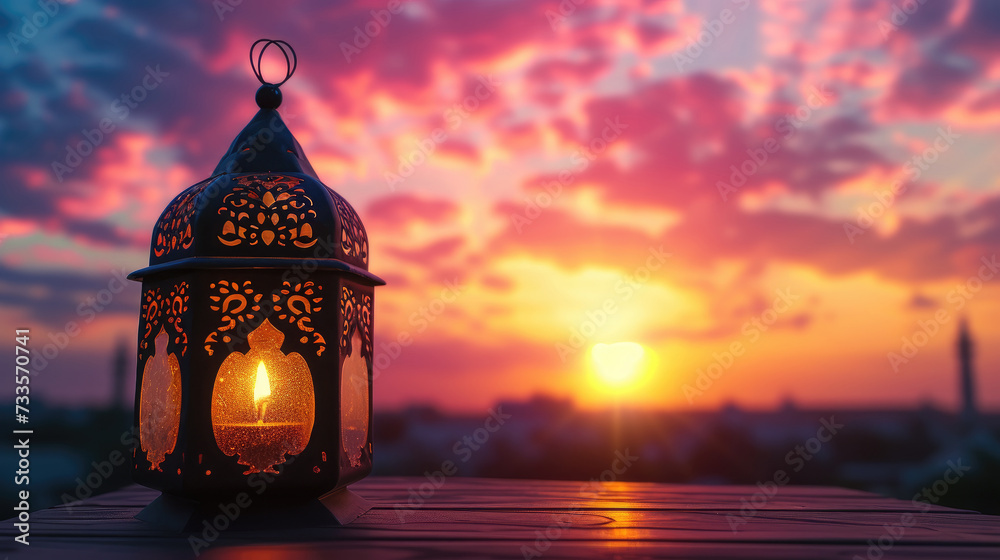Traditional Arabic lantern on rustic wooden table with bright sunset sky background. Ramadan celebration concept Traditional Arabic lantern on rustic wooden table with bright sunset sky background. Ramadan celebration concept