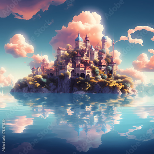 Surreal floating islands in a dreamy sky. 