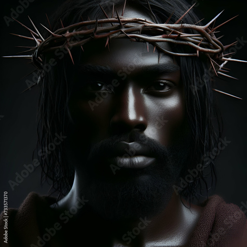 black Jesus Christ with crown of thorns on his head. Dark background. Photorealistic portrait. Close-up.