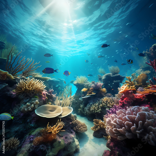 Underwater coral reef with diverse marine life. 