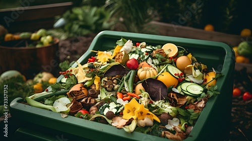 Compost container with mix vegetables and fruits peels and scraps.