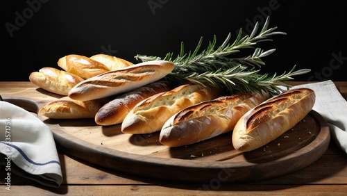 Arrange the assortment of baguettes on a rustic wooden breadboard, adorned with sprigs of fresh rosemary and a vintage French linen napkin