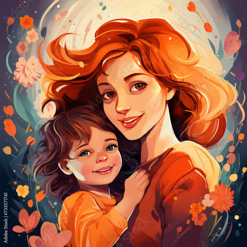 Colorful painting of Mother and daugther loving connection. Mother's Day celebration. Motherhood concept.