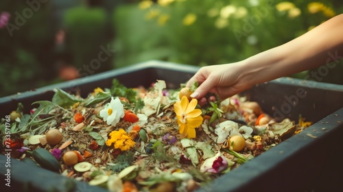 Compost container with mix vegetables and fruits peels and scraps. © Ziyan Yang