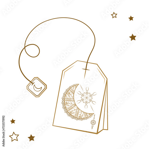 Line art vintage style crescent moon tea bag illustration. Magic calming tea for a good sleep and relaxation.