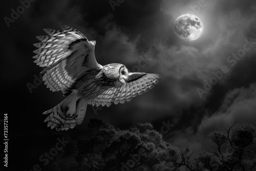 An owl swoops silently under the moonlit sky