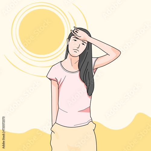 Young woman sweating exhausted having heat wave in outdoor hot climate