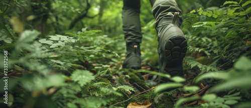 Trekker walking through a vibrant jungle, with a focus on the lush surroundings and footwear Generative AI