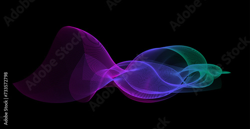 Gradient wave line blend form. Abstract purple blue green flowing lines design element. Dynamic neon line smoky shape. Sound waves or ai illustration concept. Vector curved pattern background