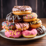 A stack of colorful donuts on a plate.