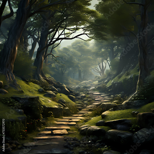 A tranquil forest scene with a winding path. © Cao
