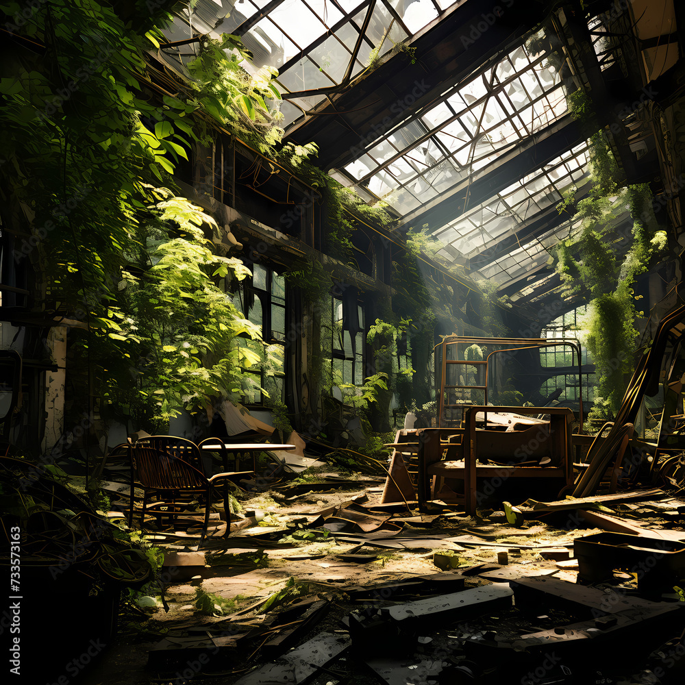 Abandoned and overgrown factory interior.