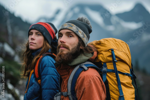 Adventurous faces against mountain backdrop