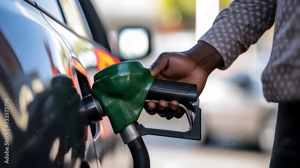 a close up image of a hand filling up a car with gas at a gas station - obrazy, fototapety, plakaty 