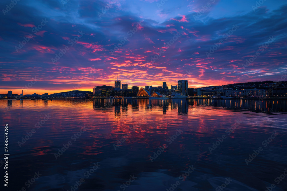 The stunning Oslo skyline glimmers under the twilight hues