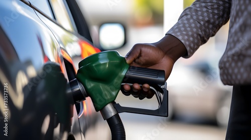 a close up image of a hand filling up a car with gas at a gas station