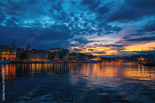 The stunning Oslo skyline glimmers under the twilight hues