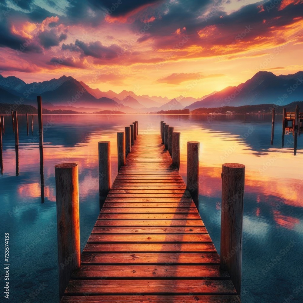 extending into a calm lake, with mountains and the sky painted with hues of sunset in the background