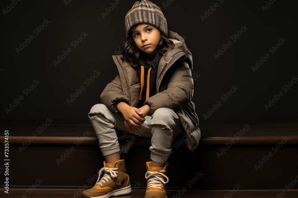 Little girl in winter clothes sitting on the stairs. Studio shot.