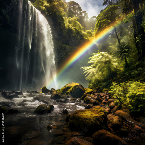 A rainbow over a waterfall in a lush forest. 