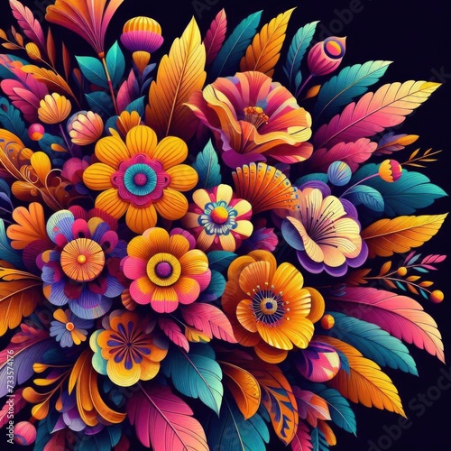 Flowers of various types and colors including orange, yellow, pink, and purple are depicted in a stylized manner