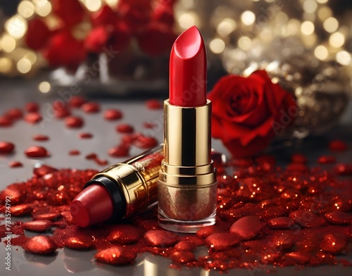 Labial o lapiz labial rojo en un atractivo escenario con brilantina roja, de fondo  elementos dorados y rosas con efecto bokeh  photo