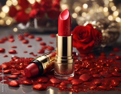Labial o lapiz labial rojo en un atractivo escenario con brilantina roja, de fondo  elementos dorados y rosas con efecto bokeh 