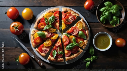 the focaccia bread on a sleek marble platter, garnished with colorful heirloom tomatoes, fresh basil leaves, and drizzled with extra virgin olive oil