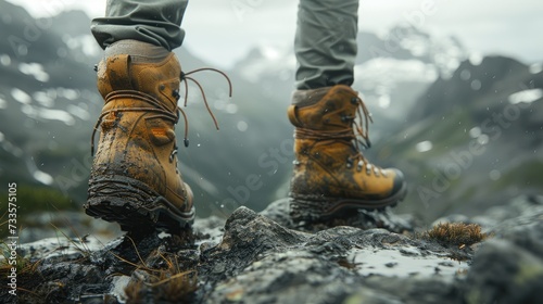 Hiker's boots mid-step in a rocky flowing river with splashing water Generative AI © Nakarin