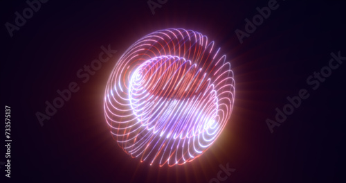 Abstract glowing looped light hi-tech energy purple round ball sphere atom clot of energy from lines and particles futuristic  abstract background