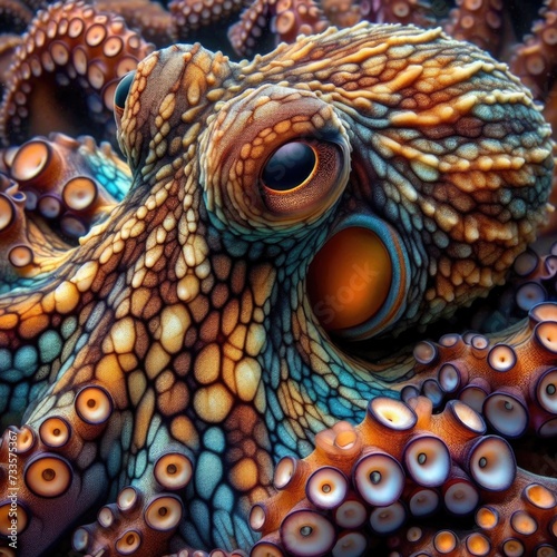  intricate textures and vibrant colors. The octopus has a mottled skin texture with a mix of colors including browns, blues, and purples that blend seamlessly into each other