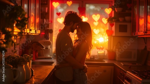 Stock photo capturing a couple's early morning embrace in a kitchen lit by the soft glow of sunrise, surrounded by Valentine's Day decorations