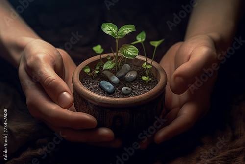 Nature, environment, agriculture, hobbies and leisure concept. Human hands seeding small green plant in clay pot. Dark background with copy space