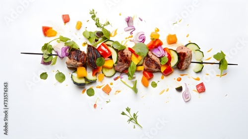 Succulent grilled steak cubes and colorful vegetables are captured in mid-air, creating a dynamic and appetizing skewer effect against 
