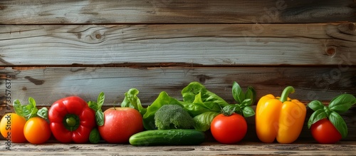 Vibrant Fresh Vegetables on a Wooden Background: A Burst of Freshness with Fresh Vegetables Against a Stunning Wooden Background photo