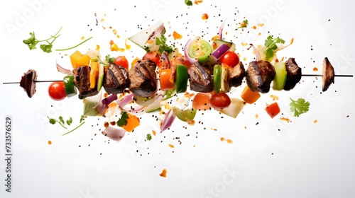 Succulent grilled steak cubes and colorful vegetables are captured in mid-air, creating a dynamic and appetizing skewer effect against 