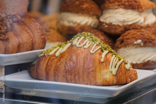 fresh baked croissant in a bakery 
