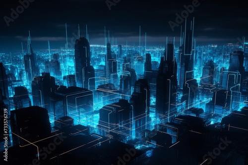 Cityscape, buildings and architecture, sci-fi concept. Abstract sci-fi futuristic neon blue city landscape background with copy space. Blue neon lines like building and skyscrapers silhouettes photo
